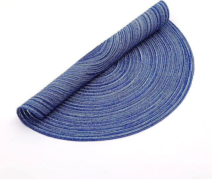 SHACOS Round Braided Placemats 15 inch Set of 4 Washable Cotton Polyester Braided Kitchen Table Placemats for Home Wedding Party (Blue White, 4)