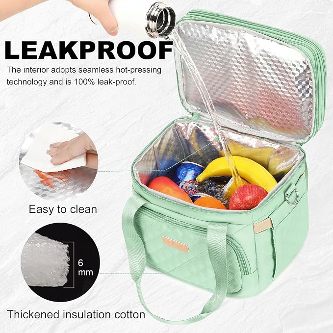 AIJIEKE Insulated Lunch Bag for Women, Large Double Deck Lunch Box for Work, 100% Leakproof Reusable Cooler Tote with Expandable Pockets & Adjustable Strap for Beach, Picnic, Green
