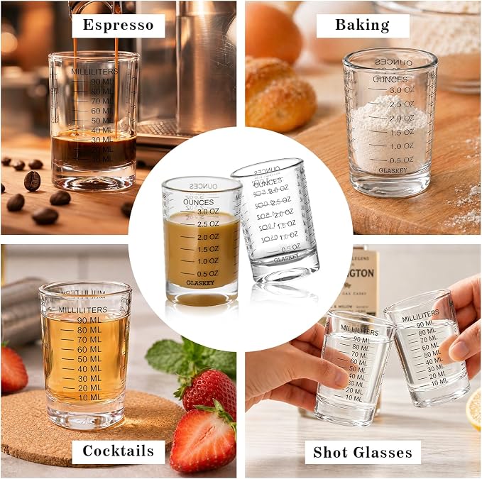 GLASKEY 2 Pack Shot Glass Measuring Cup Set,3 oz/90ML Liquid Heavy High Espresso Glass Cup,Dishwasher Safe,Measurement of Dry and Liquid Ingredients(Black)