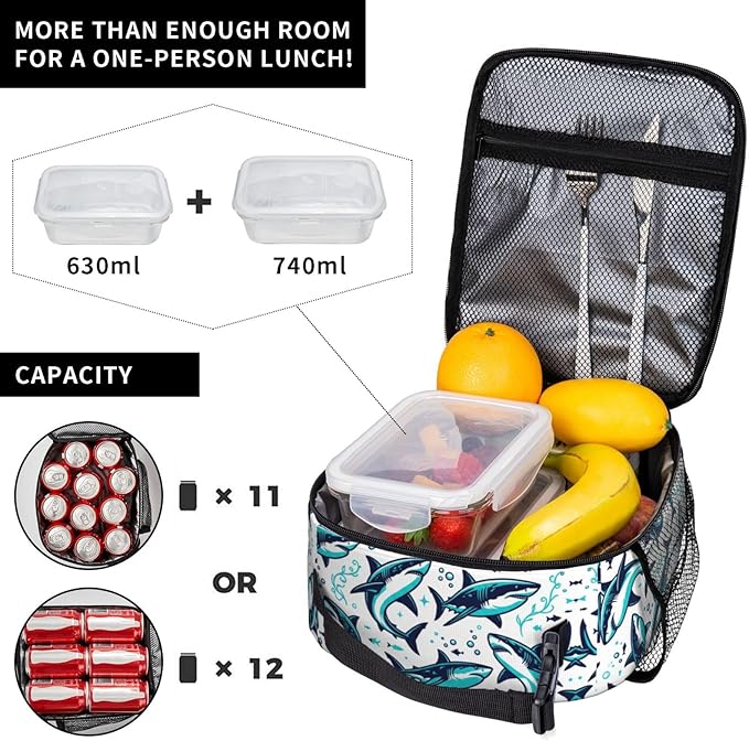 shark lunch box Reusable Insulated Lunch bag with Side Pocket, Leakproof Portable Thermal Meal Organizer for Adults, Men Women for Office, Camping & Outdoor