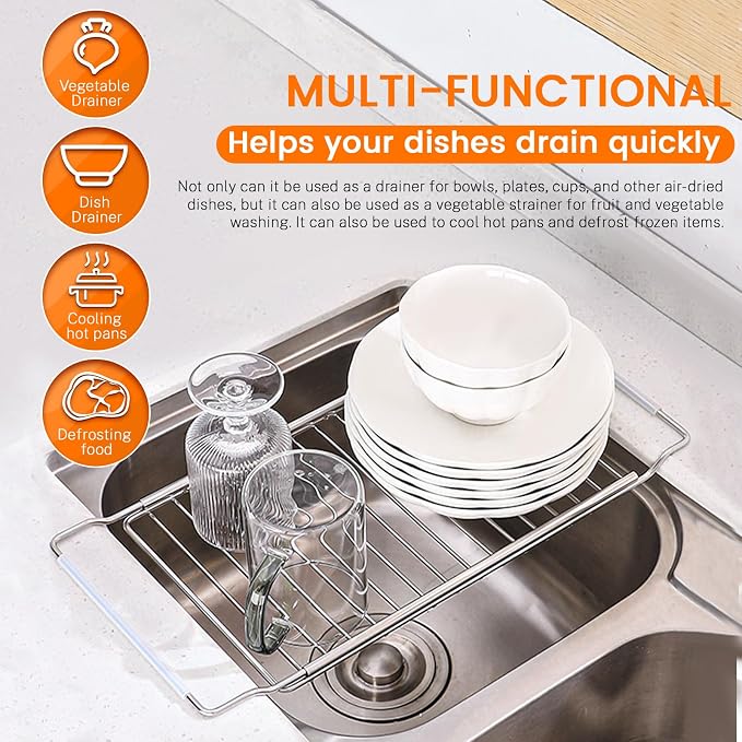 Expandable Over The Sink Dish Drainer Drying Rack, Stainless Steel Telescopic Sink Storage Rack, Kitchen Sink Caddy Organizer Sponge Holder