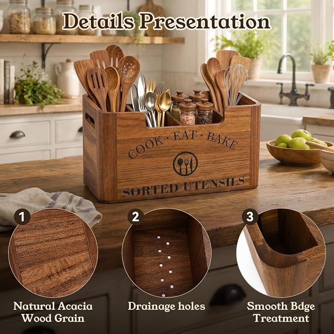 Upgraded Acacia Wood Kitchen Utensil Holder, Large Farmhouse Countertop 4-Compartment Wooden Cooking Utensil Holder for Counter, Island & Dining Room