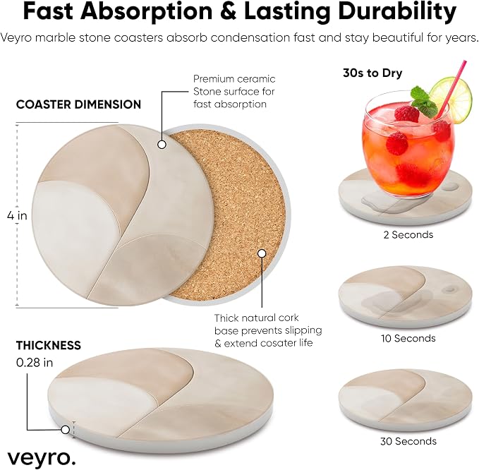 VEYRO Ceramic Coasters Set of 6 – Absorbent Stone Drink Coasters with Holder, Non-Slip Cork Backing, Modern Marble Look Coasters for Coffee Table, Desk & Home Decor