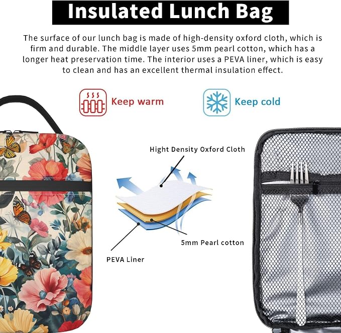 Floral Lunch Box for Adults Women Girls Boys Kids Butterfly Flower Lunch Box Insulated Cooler Reusable Lunch Bag Container Gifts for Work Office Picnic Travel School
