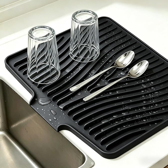 Silicone Dish Drying Mat,Dish Drying Pad,Kitchen Accessories,with Built-In and Non-Slip Drain,Easy Clean, Fit for Kitchen, Bar, RV, Refrigerator and Drawer Liner, 19.7 * 17 in Black 1PCS by EBIGIC