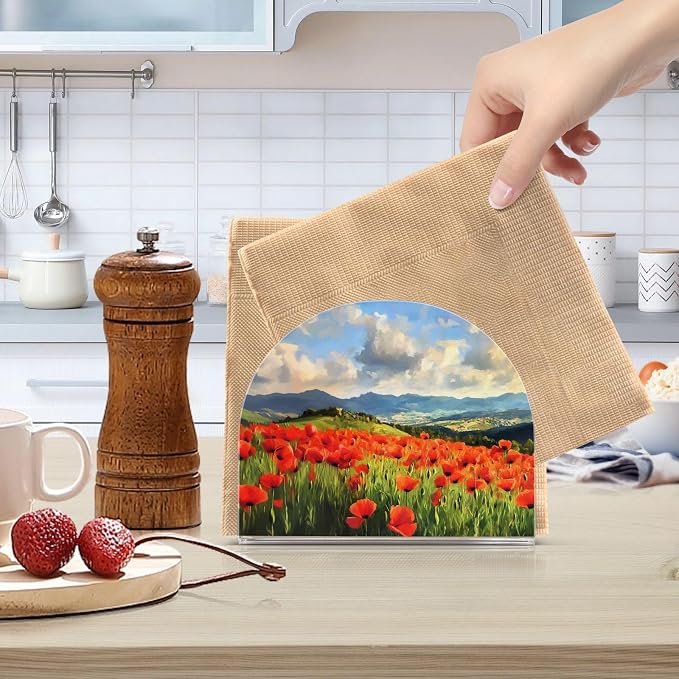 Oil Painting Poppy Flower Field Red and Green Napkin Holder for Table Acrylic Vertical Napkin Holders for Paper Napkins Decor Napkin Dispenser for Home Dining Cocktail Kitchen Accessories, 2 Pack