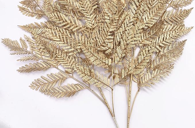 CATTREE Gold Ferns Artificial Plants Large Tall 30" 2 Pack Christmas Decorations, Fake Golden Boston Leaves Plastic Fern Palm Bushes Faux Shrubs Simulated Leaf for Party Wedding DIY Décor