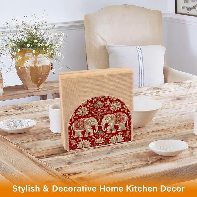 Napkin Holder Acrylic Napkin Holder for Table Kitchen Party Restaurant U Shaped Upright Napkin Dispenser Organizer Red Retro Elephant Flowers