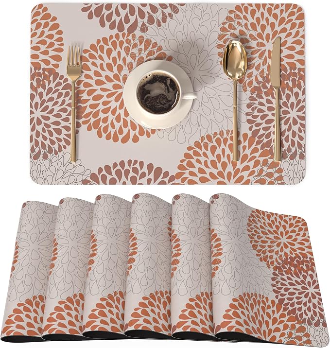 QiyI Placemats Set of 6, 12x18 Inch Faux Leather Place Mats for Kitchen Dinning, Heat Resistant Anti Slip Floral Table Mats, Waterproof Wipeable Washable Placemat Thanksgiving Table Décor, Brown