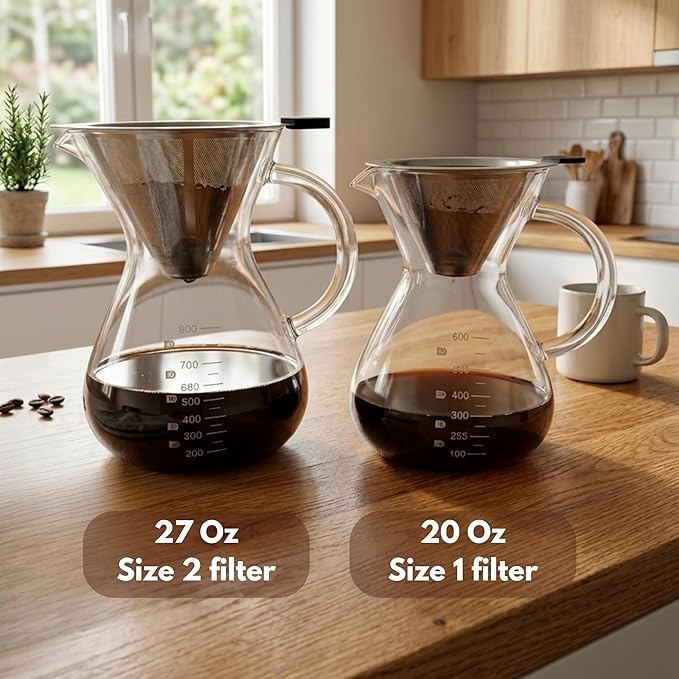 Pour Over Coffee Maker - 20 Oz (600ml) Borosilicate Glass Carafe - Reusable Stainless Steel Filter Paperless Dripper - For Home & Office & Resteraunt & Camping