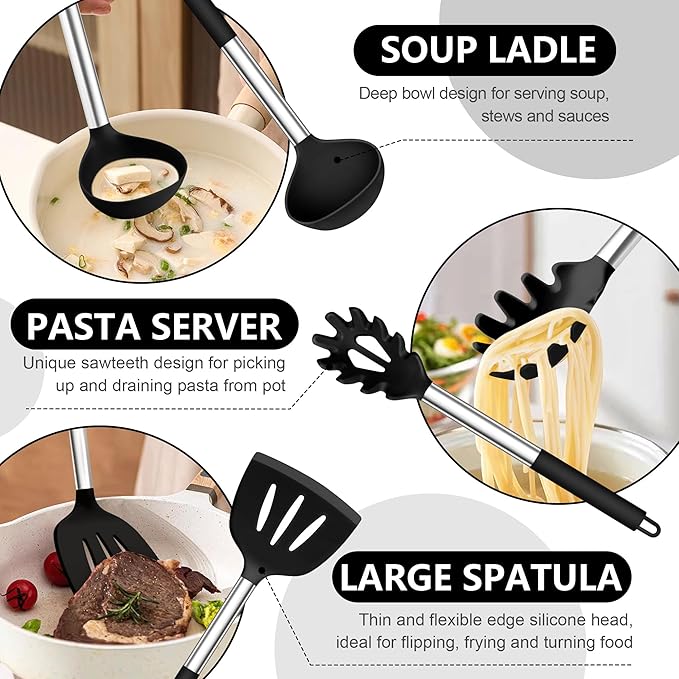 TeamFar Kitchen Utensil Set of 14, Silicone Cooking Utensil Set with Stainless Steel Handle, for Frying Serving Flipping Draining, Non-toxic & Heatproof, Nonstick & Dishwasher Safe - Black