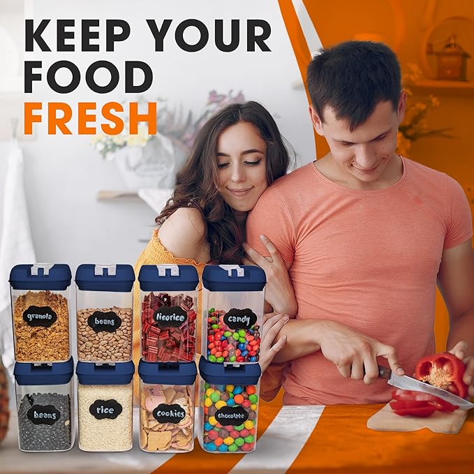 Set of 8 Airtight Food Storage Containers - Pantry Organizer Bins, BPA Free Plastic Containers plus Dry Erase Marker and Labels, Navy