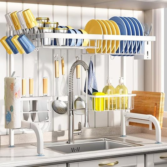 Over The Sink Dish Drying Rack, Adjustable (25.5 to 36.5 inch) 2 Tier Metal Steel Dish Drying Racks for Kitchen Counter with Hooks Paper Towel Utensil Cup Holder Sink Caddy (White)