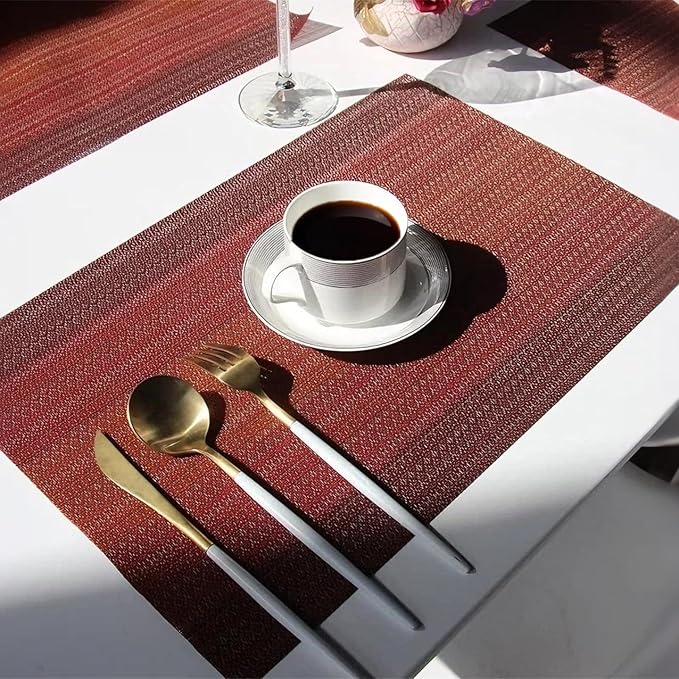 Placemats, Placemats for Dining Table Set of 4, Kitchen Table Mats Heat-Resistant Non-Slip Washable PVC Woven Vinyl Place Mats for Dining Room Table Decoration (Pack of 4, Gradient Red)