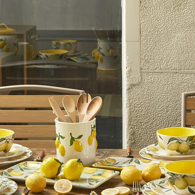 Bico Lemon Handpainted Stoneware 6 inch Utensil Holder, Dishwasher Safe, for holding Cooking Spatula, Utensil