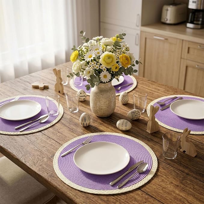 Noctiflorous Braided Round Placemats Set of 6, 15 Inch Woven Table Mats, Non-Slip Washable Place Mats for Kitchen Dining Table Decor (Mint Purple, 6)