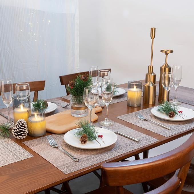 Winknowl Placemats Set of 6, Washable Vinyl Woven Placemats, Heat Resistant & Wipeable Table Mats for Kitchen Dining Table (Pink Gold)