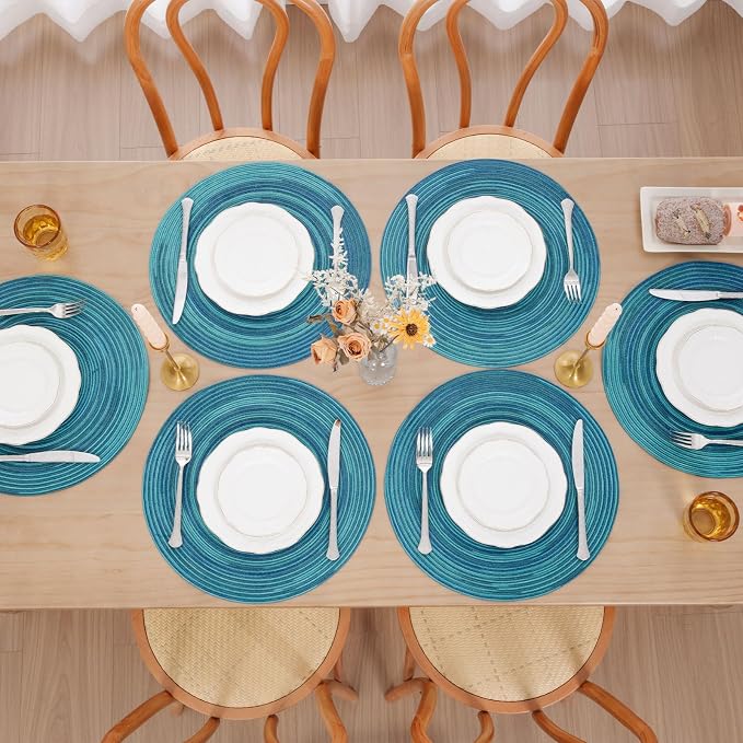 SHACOS 15 inch Round Placemats Set of 4 Variegated Multicolor Place Mats Cotton Polyester Braided Non Slip Washable Heat Resistant Table Mats for Home Wedding Dinner Party Table Decor, Rainbow Teal