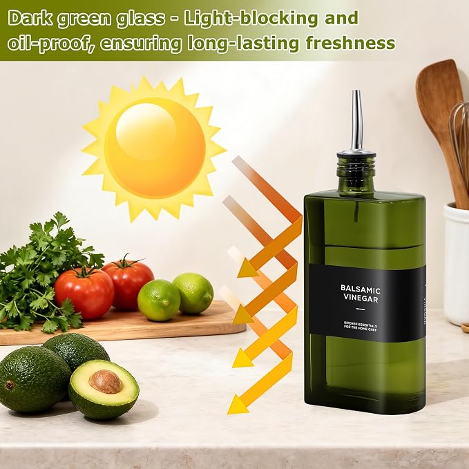 R DRURLCD 2 Pack UV-Protected Green Glass Olive Oil Dispenser Bottle Set,17 oz/500ml Curved Oil and Vinegar Stainless Steel Pourers,Funnel,Labels, Soy Sauce, Coffee Syrup Bottles for Kitchen