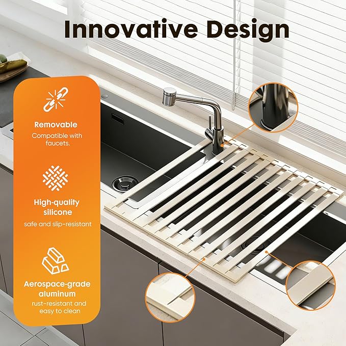 Foldable Over Sink Dish Drying Rack, Extra Wide & Thick Rust-Proof Aluminum Sink Cover for Counter Space, Collapsible Dish Drying Rack Fits Most Kitchen Sinks (White, 17.7“x13.6)