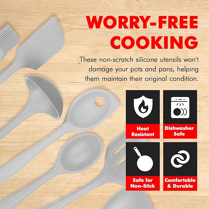 Chef Craft - Premium Silicone Kitchen Tools and Utensils Set, Non-Scratch, Withstands Temperatures up to 450°F, BPA-Free, 7 Piece Cooking Utensils Set, Gray