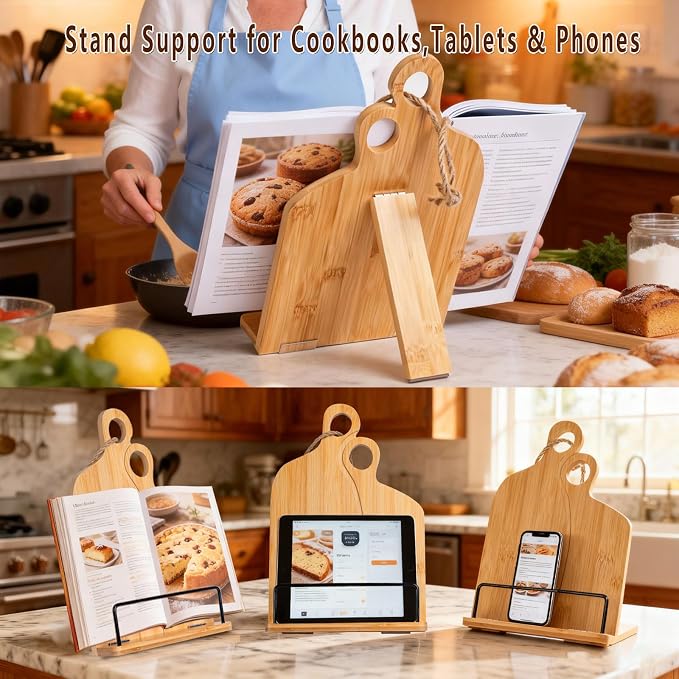 Adjustable Wooden Cookbook Stand for Kitchen Counter - Foldable & Space Saving Recipe Book Holder, Multi-Angle Reading Rack for Cookbooks, Phones, Tablets