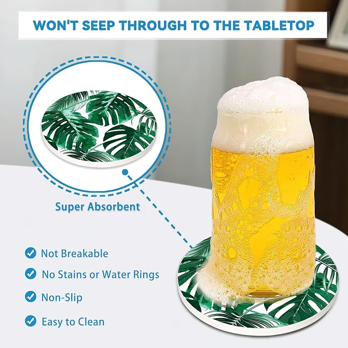 Drinks Coasters Set of 4, Green Palm Leaves Round 4" Cup Coasters, Absorbent Ceramic Stone Coasters with Cork Base, Cute Coasters for Table Home Décor, Ideal Gifts for Women Men