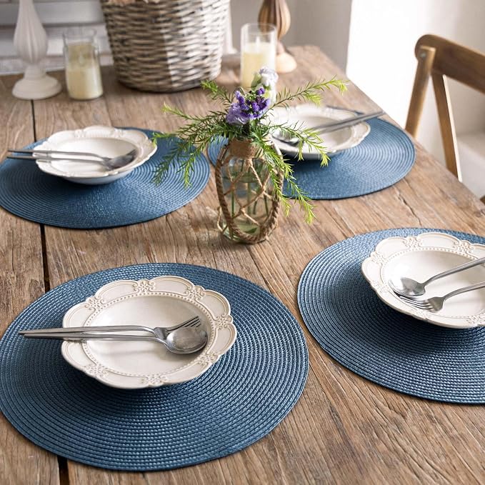 FunWheat Round Braided Placemats Set of 4 Table Mats for Dining Tables Woven Washable Non-Slip Place mats 15inch (Blue, 4pcs)
