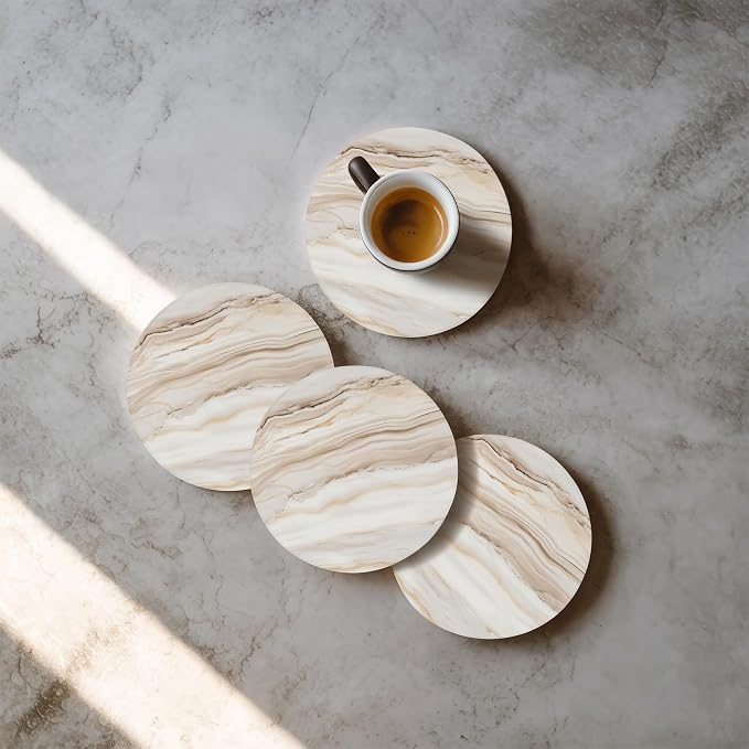 VEYRO Ceramic Coasters Set of 4 – Absorbent Stone Drink Coasters with Holder, Non-Slip Cork Backing, Modern Marble Look Coasters for Coffee Table, Desk & Home Decor
