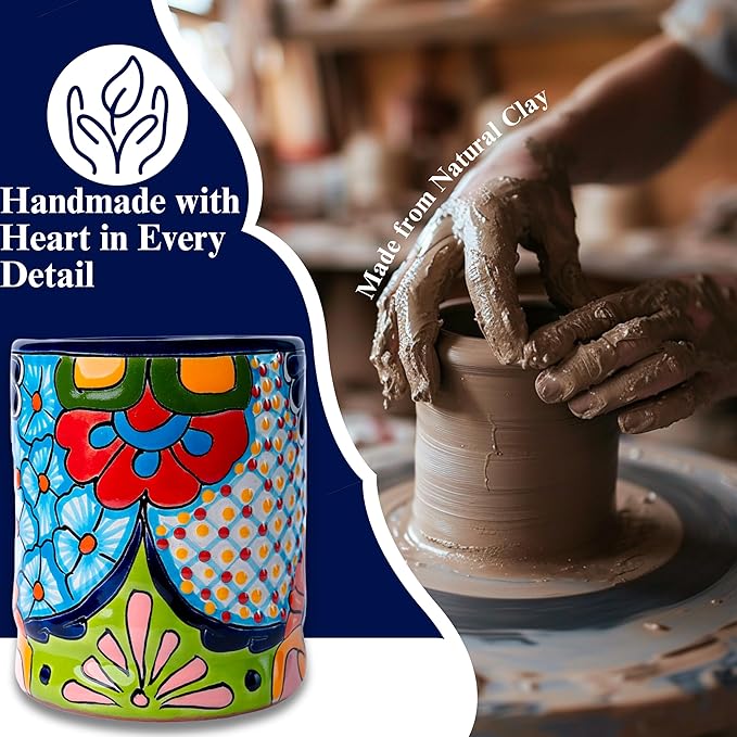 Talavera Utensil Holder - Hand Painted Ceramic Spoon Crock - Colorful Utensil Crock - Large Mexican Spoon Rest 6" H (Cobalt Blue)