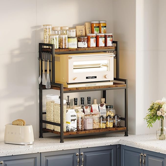 23.6"W Large Kitchen Countertop Organizer,3 Tier Spice Rack Organizer with Adjustable Shelf and 10 Hooks,Wooden Counter Organizer,Space Saving Countertop Shelf Microwave Stand for Kitchen,Coffee Bar