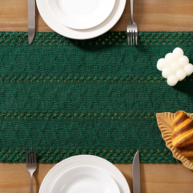 Socomi Boho Table Runner Summer Farmhouse Woven Cotton Linen Rustic Coffee Table Runner with Tassels for Dresser Scarf Home Decor Dining Room 12x90 inch Emerald Green