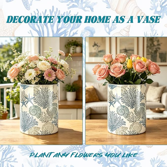 Coastal Utensil Holder, Sea Coastal Ceramic Kitchen Utensil Holder, Utensil Crock for Home Kitchen Countertop Storage Organizer Container, Large Holder for Spatulas, Spoons, Kitchen Counter Decor, 6"