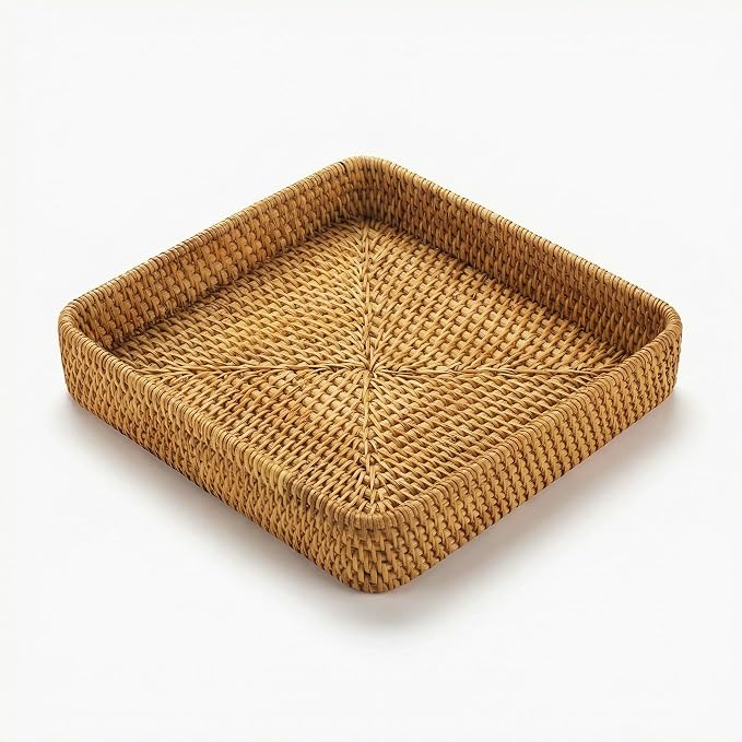 8.3" x 8.3" Wicker Tray, Woven Decorative Tray, Square Rattan Tray Bathroom Vanity Tray Catchall Organizer for Perfume Skincare Jewelry Coffee Bar Kitchen Counter Nightstand Living Room (Square S)
