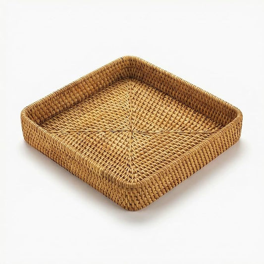 8.3" x 8.3" Wicker Tray, Woven Decorative Tray, Square Rattan Tray Bathroom Vanity Tray Catchall Organizer for Perfume Skincare Jewelry Coffee Bar Kitchen Counter Nightstand Living Room (Square S)