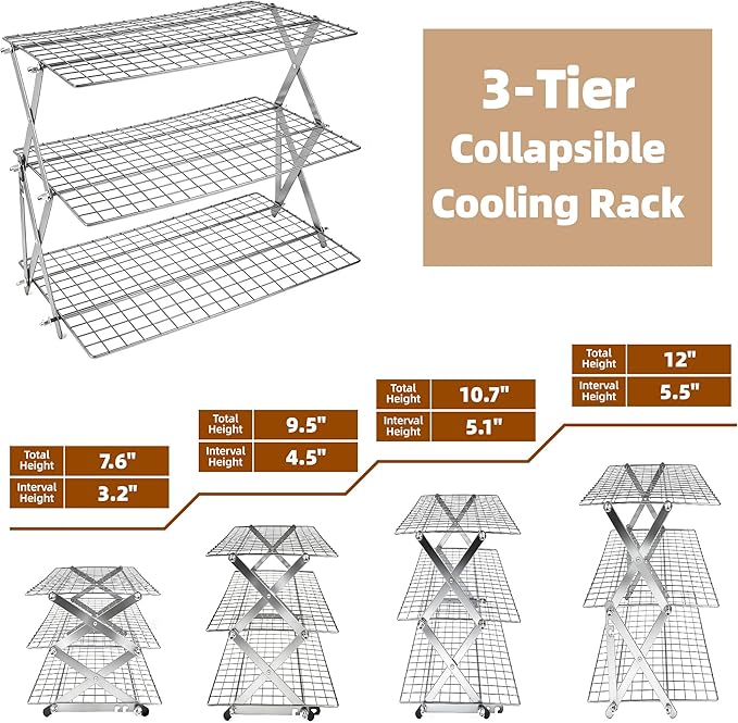 3 Tier Collapsible Cooling Rack with Adjustable 6 Setting Design stackable wire rack for baking sheet for Cookies Baking Gifts for Women (Silver, 3-Tier)