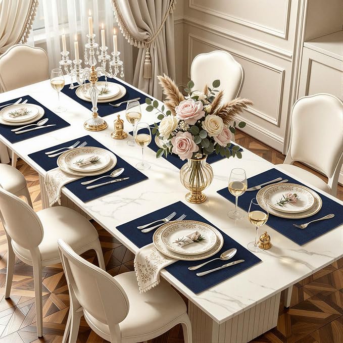 homing Faux Leather Heat Resistant Placemats 4 Packs, Waterproof Wipeable Dining PU Place Mats for Indoor & Outdoor, Easy to Clean, Dark Navy Blue