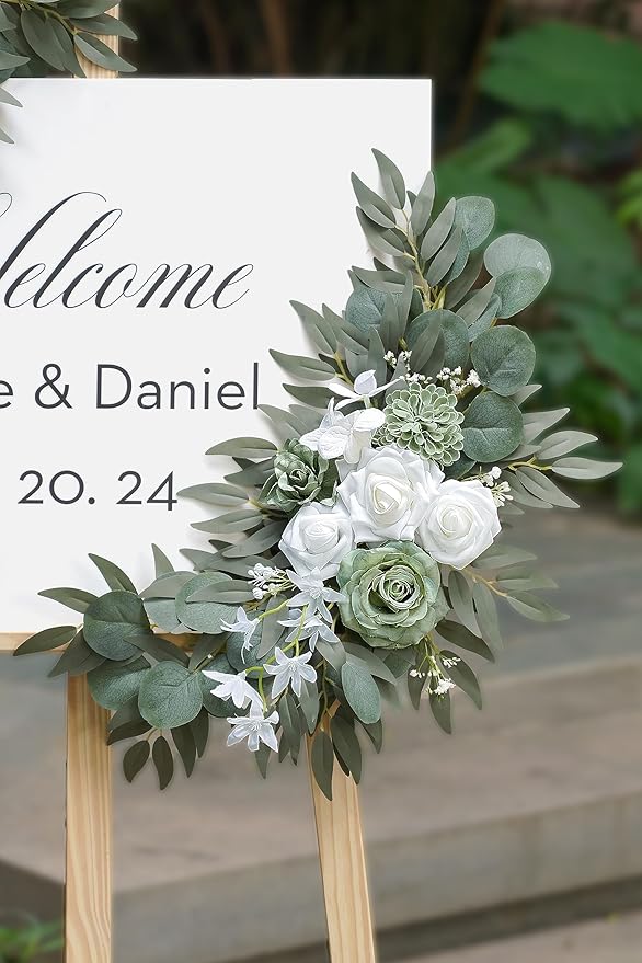Olalaka 2-Pack Sage Green & White Wedding Flower Swag Set, Large: 35.43"L x 14.56"W, Small: 24.80"L x 12.99"W, Artificial Flowers for Wedding Arch, Ceremony, Table Centerpieces, Wall Hanging