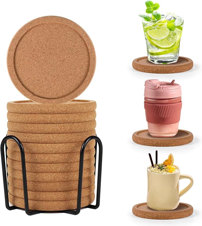 Cork Coasters for Drinks Set of 12 with Holder, Absorbent Coasters with Lip, Heat Resistant and Table Protective, 4'' Diameter Suitable for Most Cups, Perfect for Home & Office, Housewarming Gift