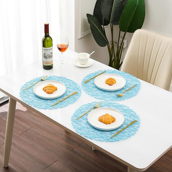 IcosaMro Sky Blue Round Placemats Set of 6 for Dining Table, 15 Inch Paper Woven Boho Decorative Circle Place Mat for Wedding Christmas Thanksgiving Day Holiday Dinner, 15 Inch, Sky Blue