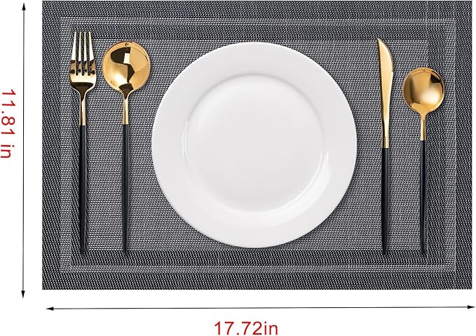 CADONO Placemats Set of 6 Washable Indoor/Outdoor Vinyl Place Mats for Dining Table Durable Non-Slip Heat Resistant PVC Weave Table Mats（Simple Style-Black）