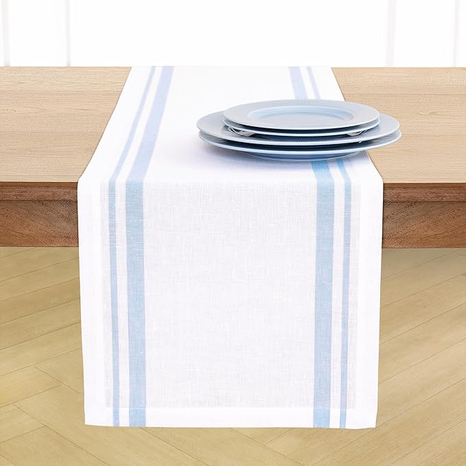Solino Home Linen Table Runner 144 Inches Long - 100% Pure Linen Dusty Blue and White French Stripe Table Runner 14 x 144 Inch for Dining, Spring, Summer