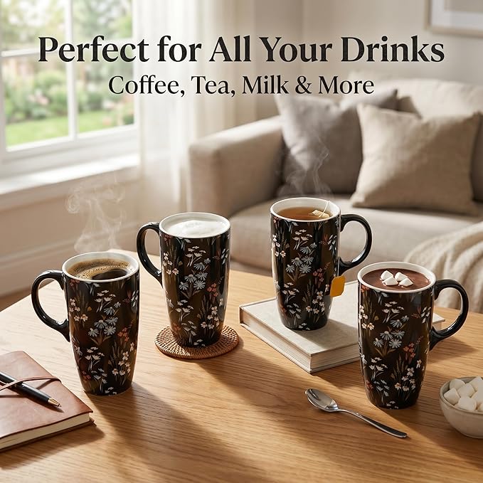 DUSVALLY Ceramic Coffee Mug Travel Cup with Lid and Handle, Reusable 17 Oz Ceramic Latte Teacup in Color Box, Suitable for Car Cup Holder, Black Flower
