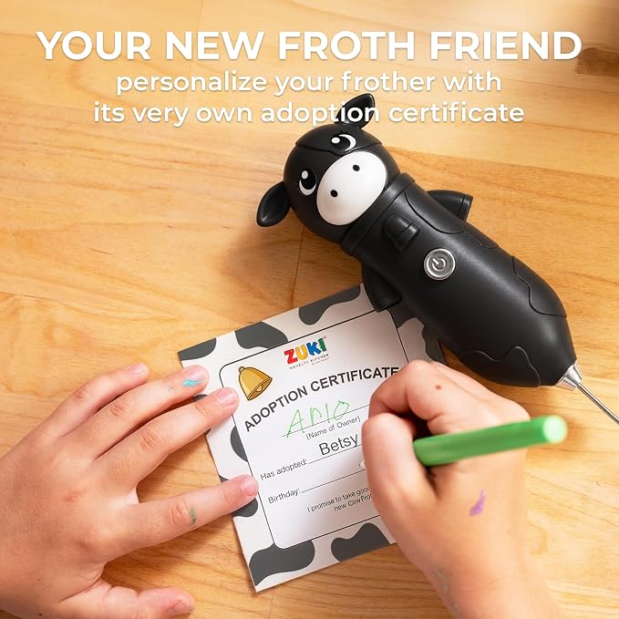 Zulay Kitchen Cow Milk Frother Wand – Cutesy Frother, Meet Your New Frothing Buddy Betsy The Cow, Adoption Papers and Stickers Included, Purrr-fect for Lattes, Cappuccino & Matcha – Black