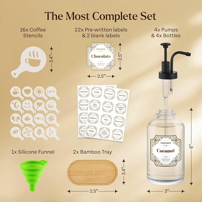 Glass Coffee Syrup Dispenser for Coffee Bar - Set of 4 Black 16.9 oz / 500 ml Glass Syrup Bottles, Includes 2 Bamboo Trays, 16 Stencils, Labels, Syrups Pumps