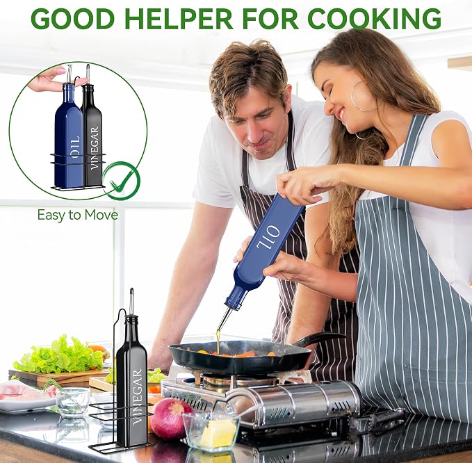 Vakoo Oil and Vinegar Dispenser Set - 17oz/500ml, Extra Thick Glass, Leak-Proof, Olive Oil Dispenser Bottle for Kitchen (Blue Black)