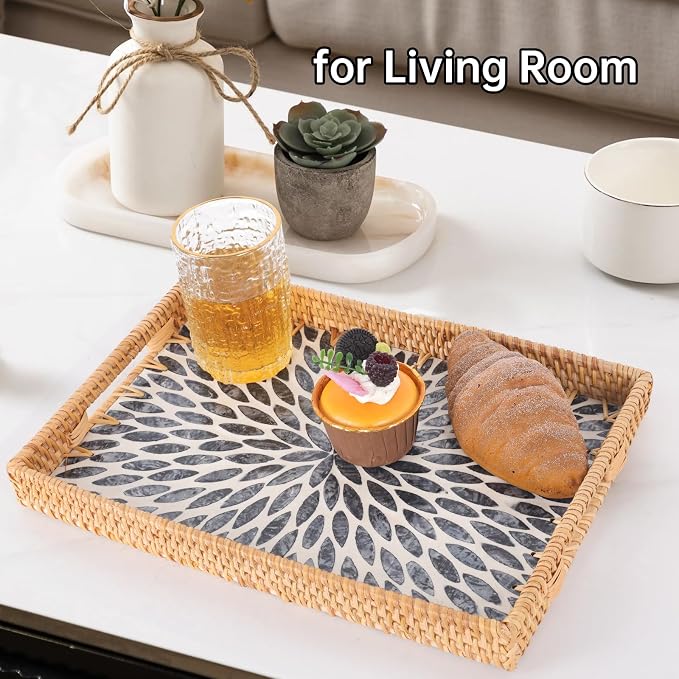 Rectangle Rattan Tray with Mother of Pearl Inlay, Rattan Serving Tray with Handle for Coffee, Bread, Fruits, Snacks, Decorative Wicker Tray for Table Decor (Rectangle Black Leaf, 13"×9")