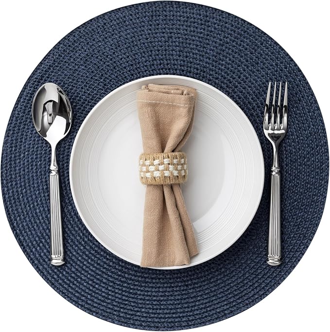 Baroyal Round Placemats Set of 8 Plastic Woven Placemats Washable Wipeable Table Mats for Dining Table Heat Resistant Non-Slip Circle Place Mats (Navy Blue)