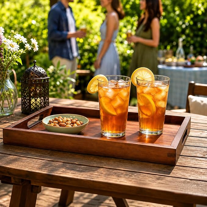 Acacia Wood Serving Trays Set of 2, 17x13 & 16x12 inch Rectangular Ottoman Trays, Decorative Wooden Trays with Handles for Food, Coffee, Tea, Living Room, Kitchen(2 Pack, Brown, 17"+16")
