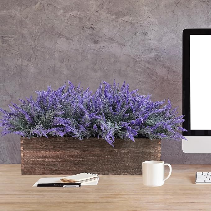Winlyn 14" Artificial Lavender Flowers Plants in Rectangular Wooden Planter Box Faux Frosted Lavender Potted Arrangements Floral Centerpiece for Farmhouse Home Wedding Table Centerpiece Mantel Décor